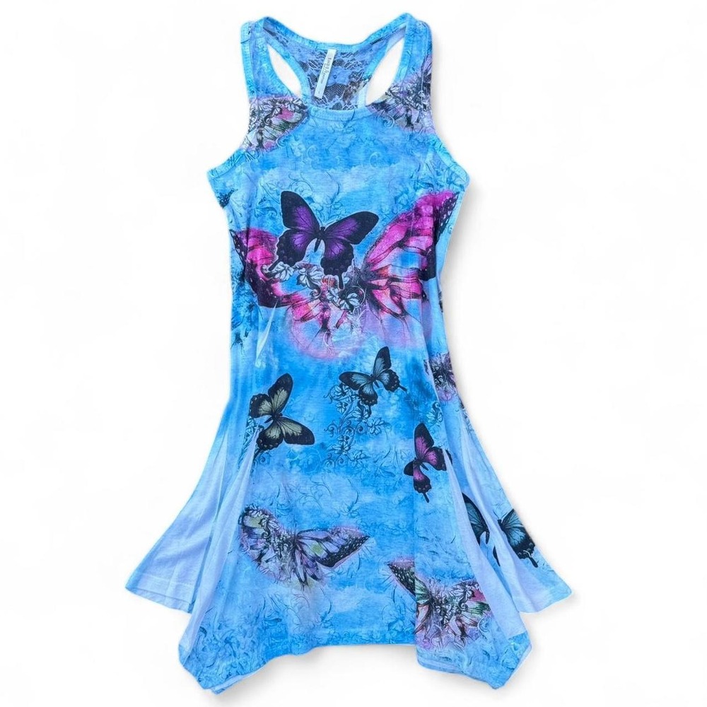 Y2K Blue Butterfly Fairy Lace Back Handkerchief Hem Tank Top Large